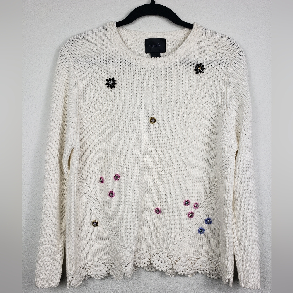 Magaschoni Cream Rhinestone Bejeweled Sweater with Crocheted Scalloped Bottom